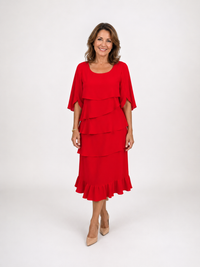 Robe midi rouge à volants en étages, manches trois-quarts évasées, encolure ronde