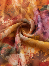 Tissu de robe à motif floral multicolore, dégradés orange, rose et violet