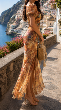 Robe longue florale orange, décolleté en cœur, manches bouffantes, jupe fendue