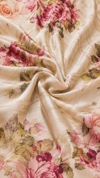 Tissu ivoire imprimé roses et feuilles, motif floral sur fond clair
