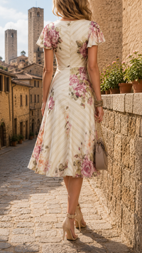 Robe midi ivoire à fleurs roses, dos avec plis, manches bouffantes