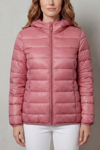 Manteau de pluie imperméable Margaux rose poudré, matelassé, capuche, fermeture zippée