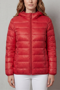 Manteau de pluie imperméable Margaux rouge, matelassé, capuche, fermeture zippée