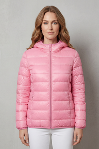 Manteau de pluie imperméable matelassé rose, capuche et zip central
