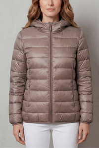 Manteau de pluie imperméable matelassé taupe, capuche et fermeture zippée