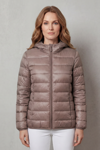 Manteau de pluie imperméable matelassé taupe, capuche et zip au centre