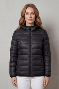 Manteau de pluie imperméable matelassé noir, capuche et zip central
