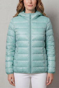Manteau de pluie imperméable matelassé vert menthe, capuche et fermeture zippée