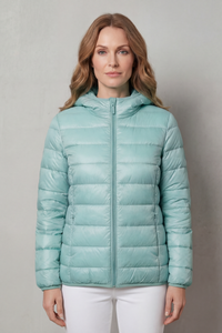 Manteau de pluie imperméable matelassé vert menthe clair, capuche et zip central
