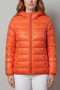 Manteau de pluie imperméable Margaux orange, matelassé, capuche, fermeture zippée
