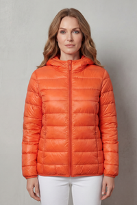Manteau de pluie imperméable Margaux orange, capuche et col montant, zip central