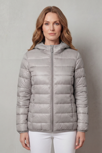 Manteau de pluie imperméable Margaux gris, col montant avec capuche, zip central