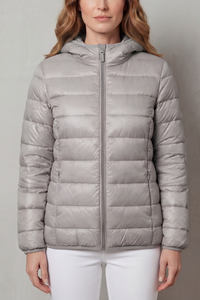 Manteau de pluie imperméable Margaux gris, matelassé, capuche, zip sur le devant