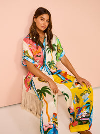 Ensemble de plage Selina™ : chemise légère imprimée tropical, ourlet à franges, pantalon.