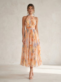 Robe longue sans manches à col montant, dos nu, imprimé pastel orange et bleu