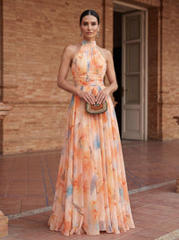 Robe longue sans manches à col montant, imprimé pastel orange/bleu, dos nu