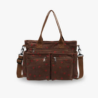 Sac cabas marron imprimé cerises rouges, 2 poches avant zippées et bandoulière