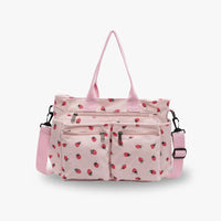 Sac cabas rose à motifs fraises, poches zippées et anses doubles