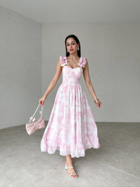 Robe Addison™ rose pâle à volants aux épaules et buste ajusté, jupe évasée à volants