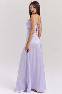 Robe de cérémonie lilas à corset, laçage au buste, bretelles fines et jupe longue évasée