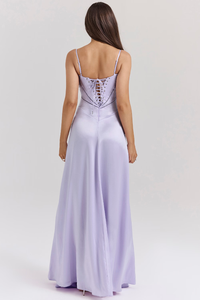 Robe longue de cérémonie lilas, corset à laçage au dos, bretelles fines et jupe évasée