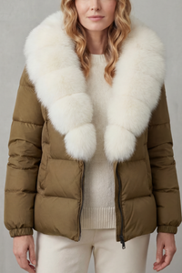 Doudoune vert kaki avec col fausse fourrure blanche, zip noir, poignets élastiques.