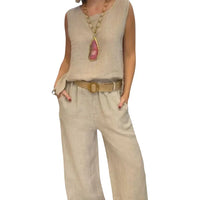 Ensemble deux pièces bohème Paloma™ beige clair : pantalon ample taille ceinturée, haut sans manches.