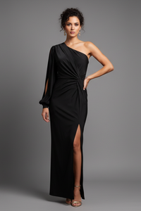 Robe longue noire asymétrique à une épaule, drapée à la taille, fente centrale