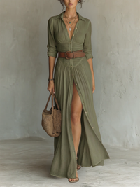 Robe longue vert olive à manches longues, col V boutonné, ceinture marron