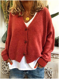 Cardigan ample en maille Marinette rouge brique, col V et boutons, manches longues