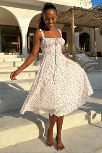 Robe midi corset Meredith imprimé fleuri, jupe évasée au genou, bretelles