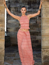 Ensemble bohème à volants rose : top sans manches et jupe longue à volants