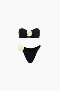 Ensemble bikini noir : bandeau à rosette crème et bas échancré assorti