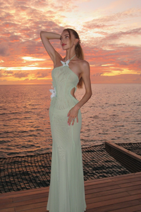 Robe longue coupe sirène vert lime à bretelles, col licou, appliqués en forme de fleurs.