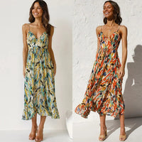 Robe longue imprimée multicolore en deux couleurs : verts/jaunes et oranges, bretelles fines