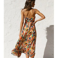 Robe longue imprimée multicolore vue dos, bretelles fines et taille froncée
