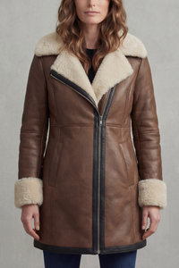 Manteau en cuir marron doublé peau lainée, col et poignets en fausse fourrure.