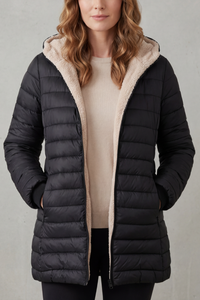 Doudoune noire doublée sherpa, capuche bordée, fermeture zippée, coutures matelassées