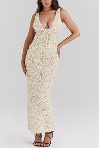 Robe longue beige à bretelles, dentelle fleurie en relief, jupe fourreau, sans manchettes