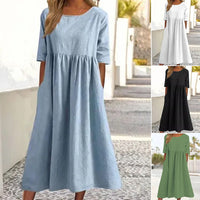 Robe midi en lin-coton, encolure ronde, manches courtes, taille froncée (plusieurs vues).
