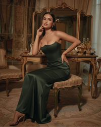 Robe longue vert foncé, bustier ajusté strapless et drapé, fente latérale