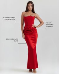 Robe Zelie rouge sans bretelles, corset galbant et drapé froncé à la taille