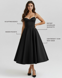 Robe noire patineuse avec encolure cœur, buste corset et fines bretelles