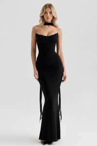 Robe midi corset en maille noire, buste drapé, fentes avec liens au bas de la robe