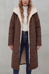 Manteau long en polaire marron, capuche à bordure imitation peau de mouton, zip.