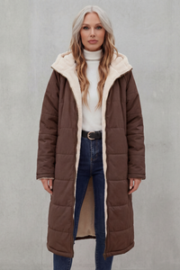 Manteau long en polaire marron, capuche bordée, poches et fermeture zippée visibles.