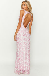 Robe longue rose : dos nu échancré, bretelles croisées, motif texturé