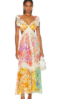 Robe longue d’été en lin blanche à fleurs multicolores, buste croisé à volants