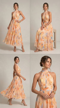 Robe longue évasée imprimée pastel, col montant, dos nu