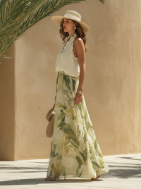 Ensemble fluide floral vert : jupe longue à taille élastique, haut blanc col V